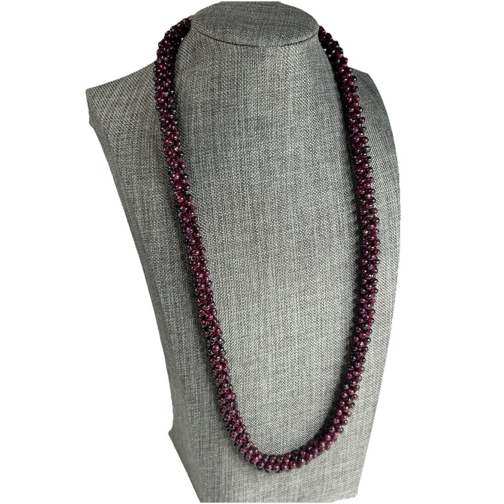 Vtg Strand Woven Garnet Cluster Necklace 4mm Beads 24”